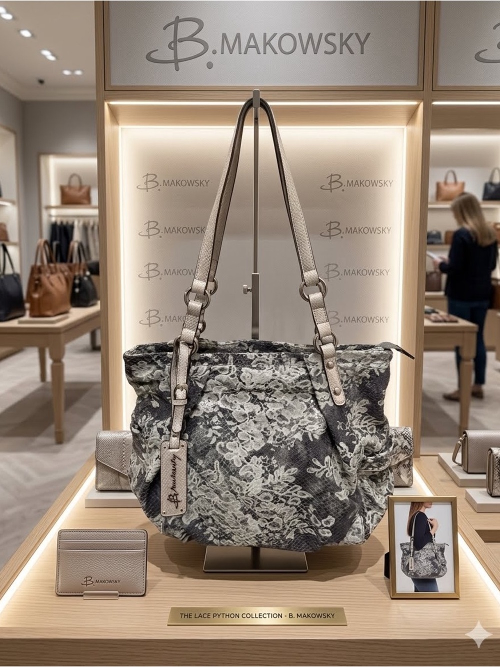 b. makowsky Gray and Cream Floral Lace Shoulder Tote
